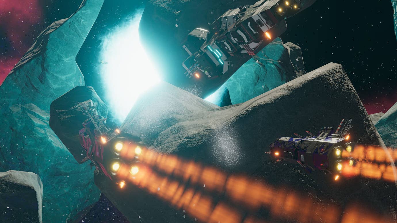 Ships flying through a radiant asteroid field in Nebulous Fleet Command